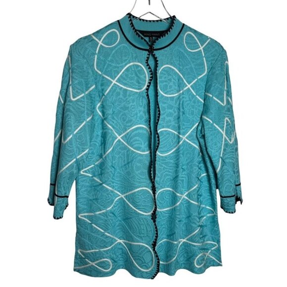 Ming Wang Womens XL Teal Cardigan With White Pattern & Black Trim - Picture 1 of 8